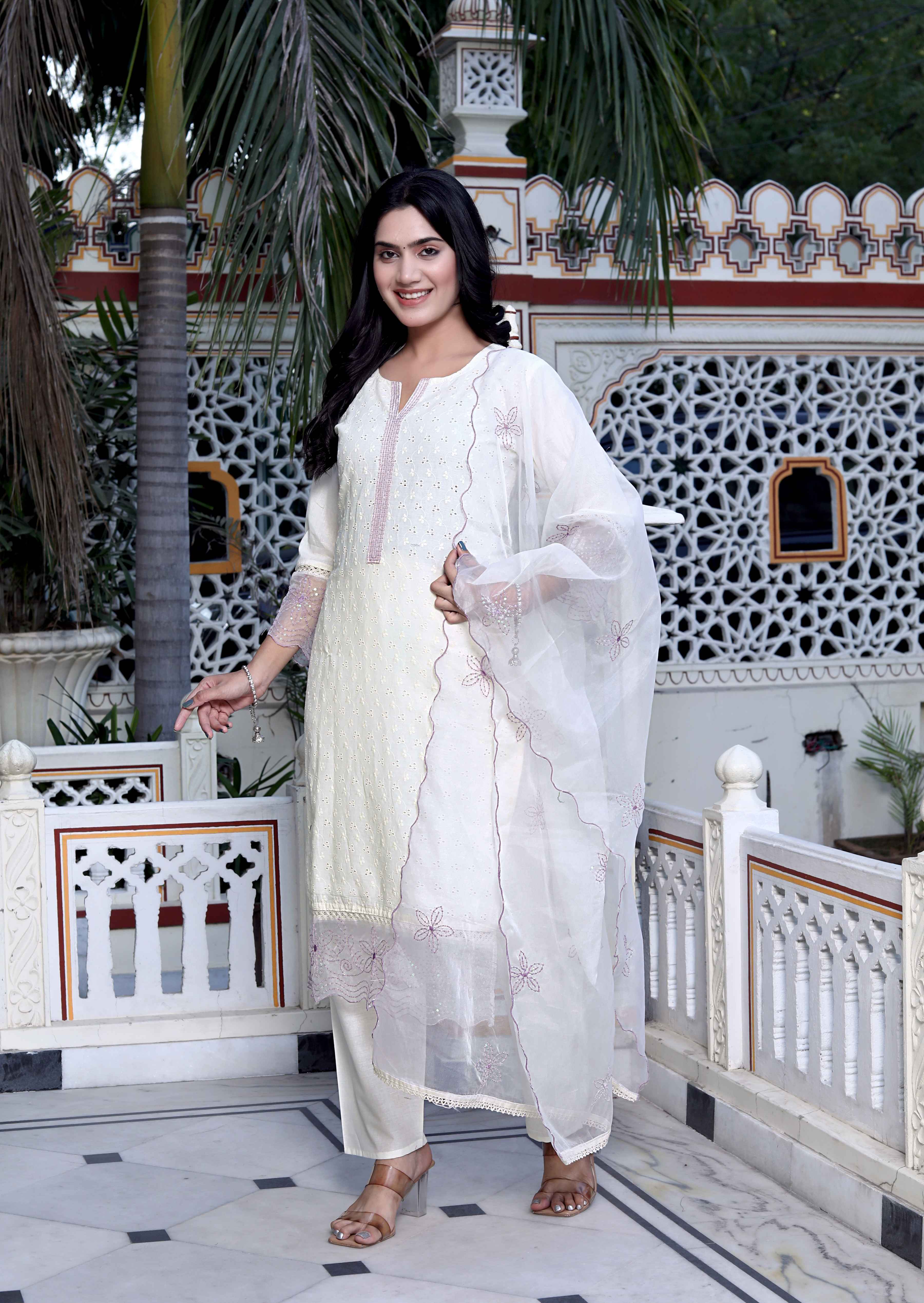 Beige Organza Chikankari Kurta with Purple Sequence Palazzo & Dupatta Set